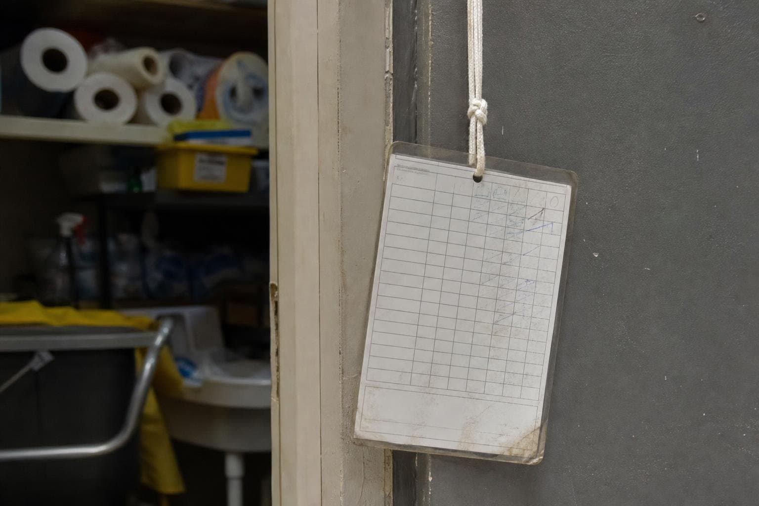 A worn laminated checklist card hanging on a string, used for daily check-offs.