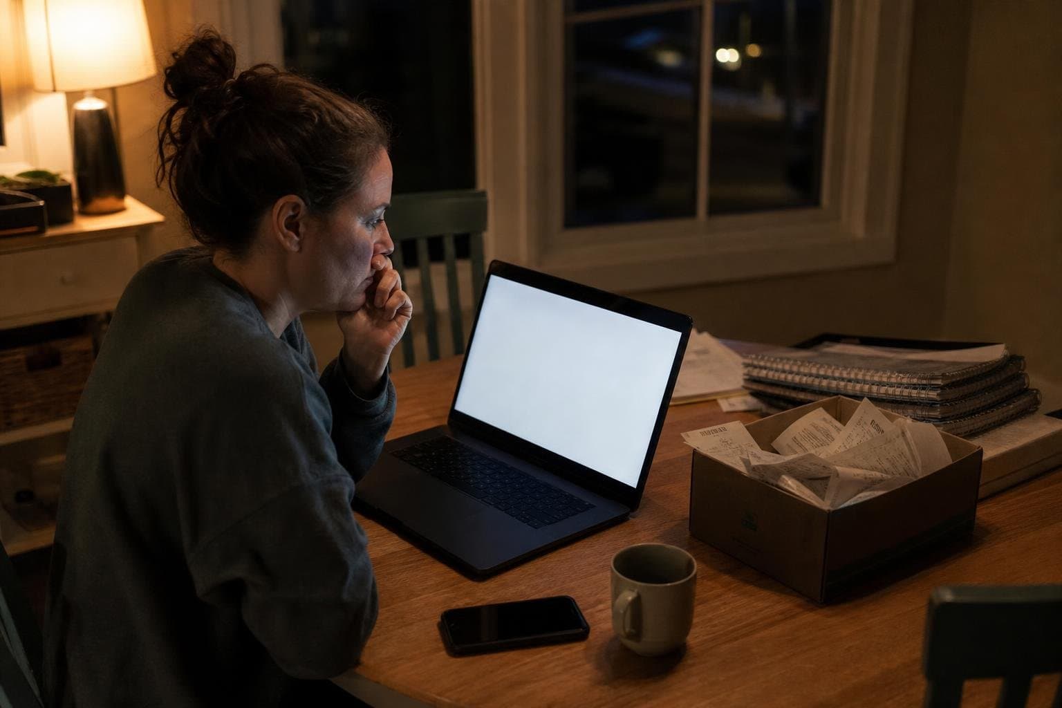 A founder at a table with a laptop in front of them and old paper records left untouched to the side