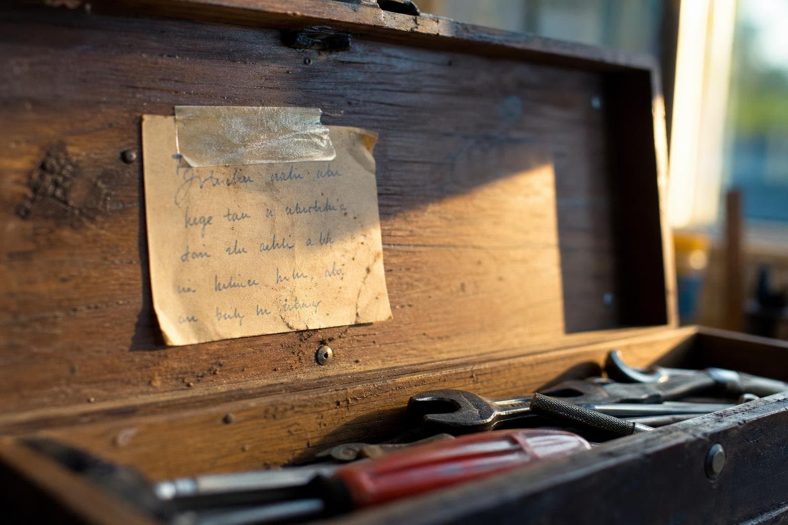 A short handwritten note taped to the lid of a toolbox.
