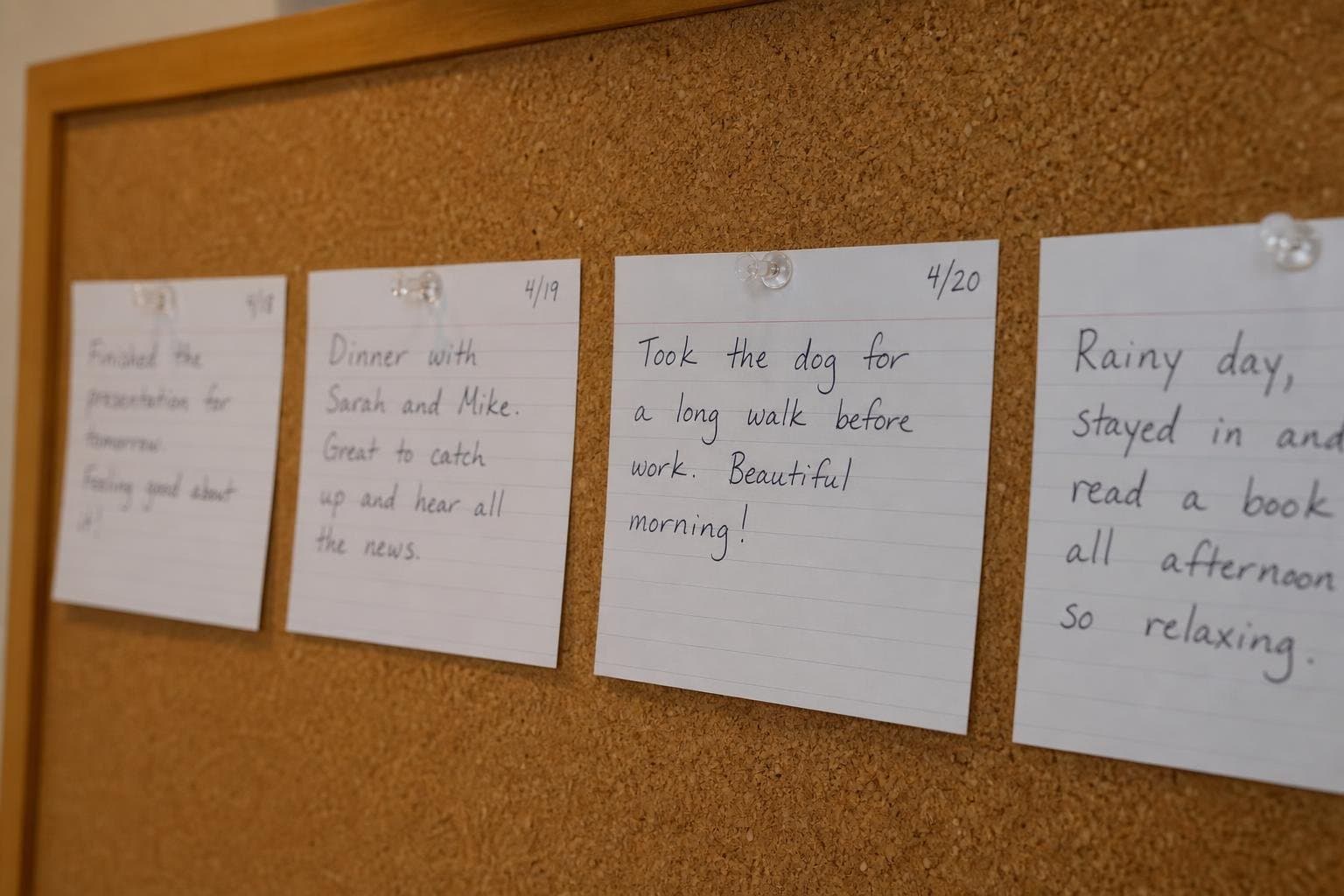 A row of pinned index cards on a corkboard, each dated and holding a short note.