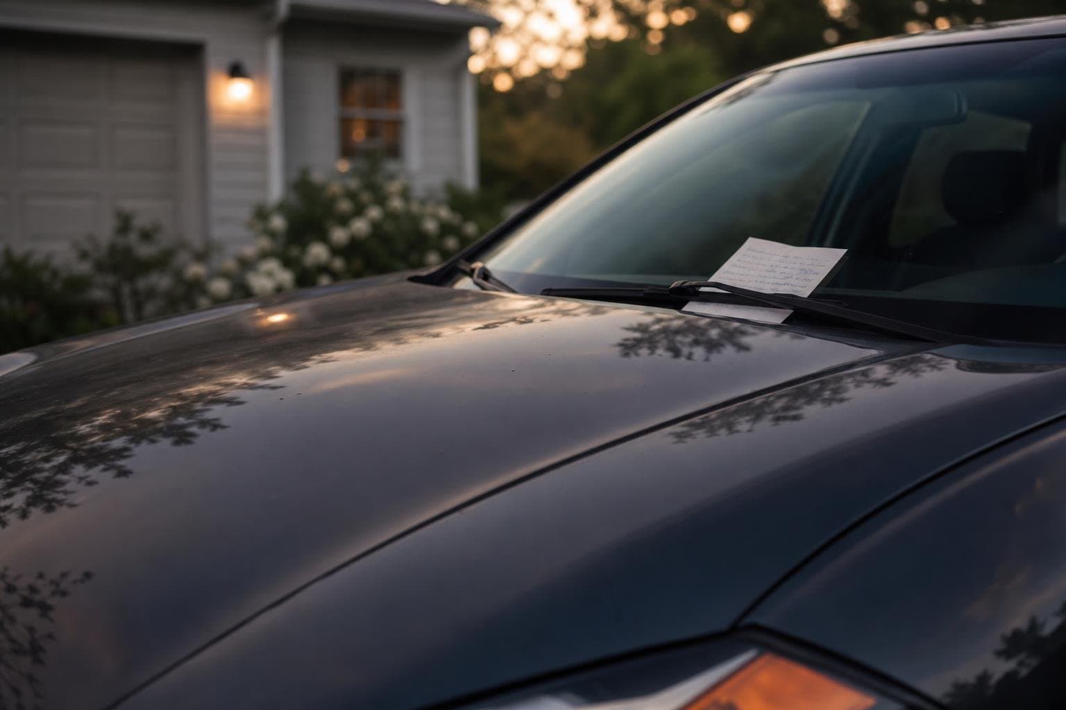 A car with its hood closed and a receipt tucked under the wiper, no way to see the work done underneath.