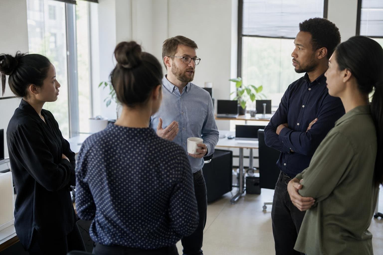 A small team standing in a loose circle during a morning standup.