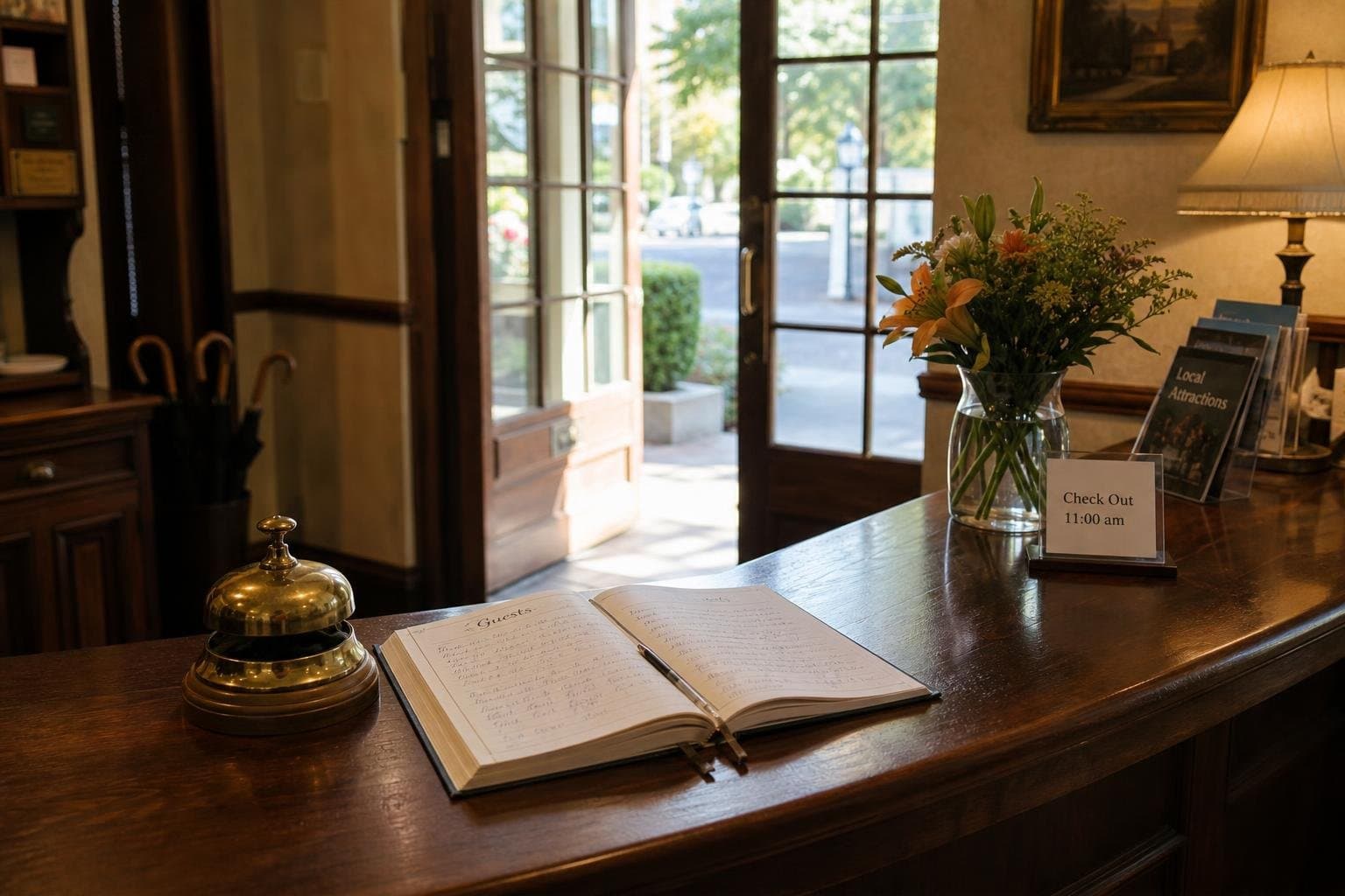A reception desk with a brass bell and open guest book, lit by afternoon light.