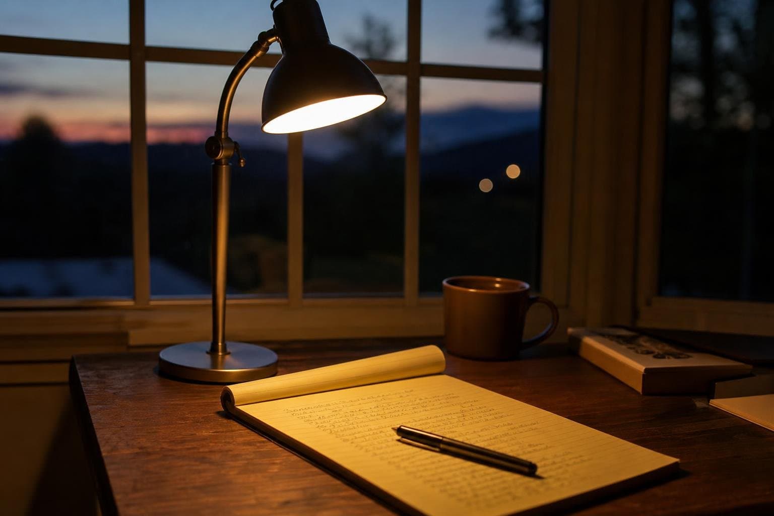 A handwritten notepad lit by a desk lamp at dusk.