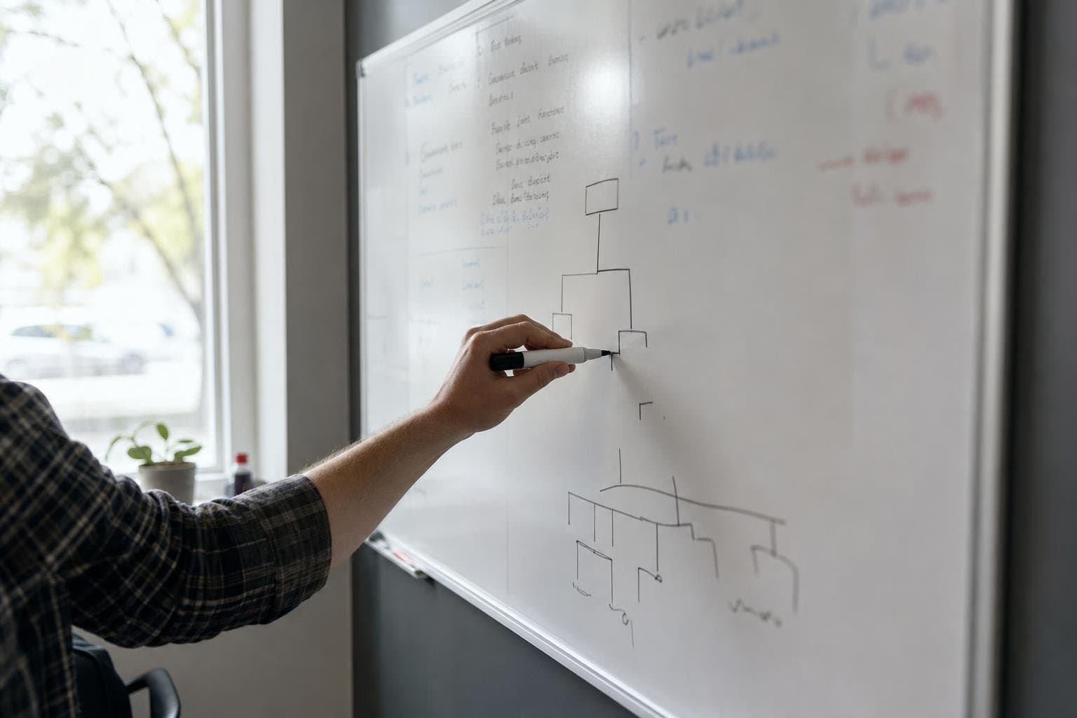 A hand drawing a simple branching decision diagram on a whiteboard.