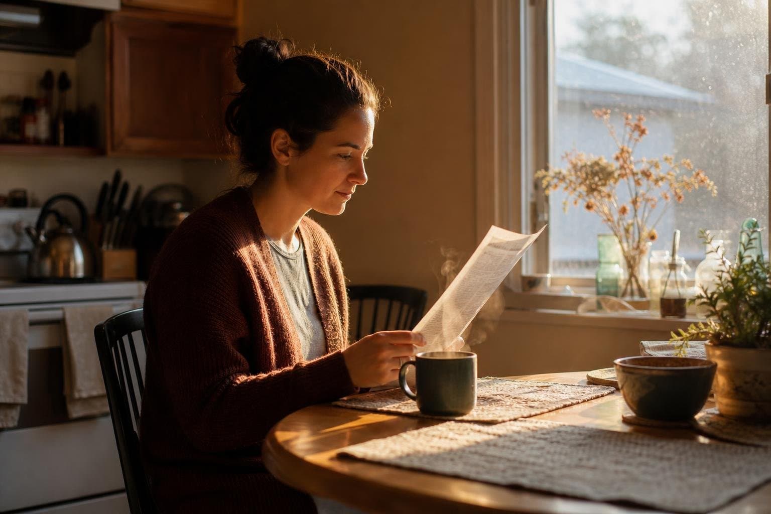 A person reading notes at a kitchen table in early morning light.