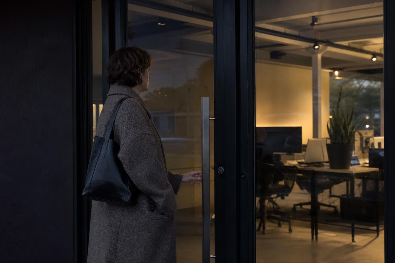 A person standing outside a glass door looking into a lit room.