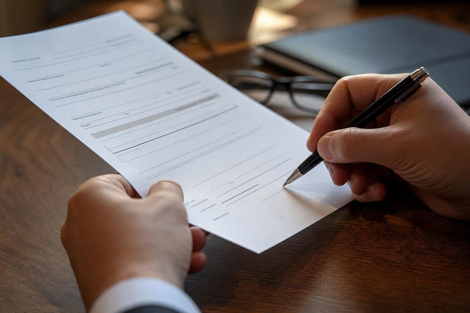 A hand holding a pen over a form, about to sign.
