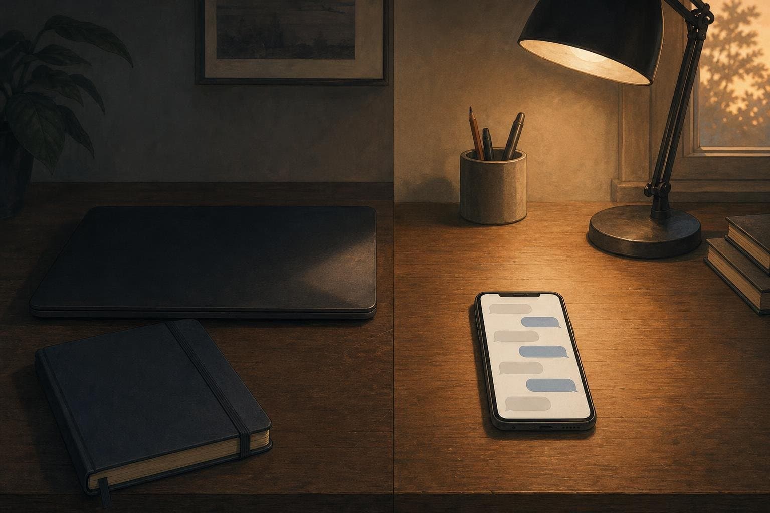 A stalled task board next to a phone with an active chat thread on the same desk.