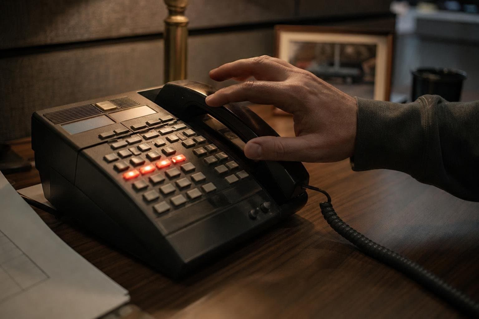A multi-line phone console with four lines lit simultaneously.