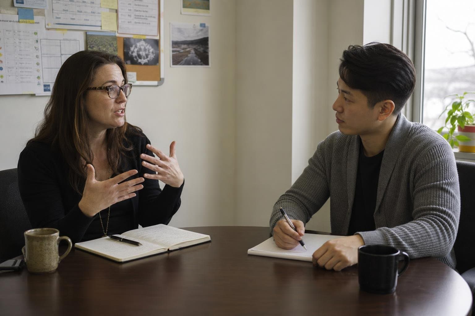 One coworker explaining something at length to another at a small office table.