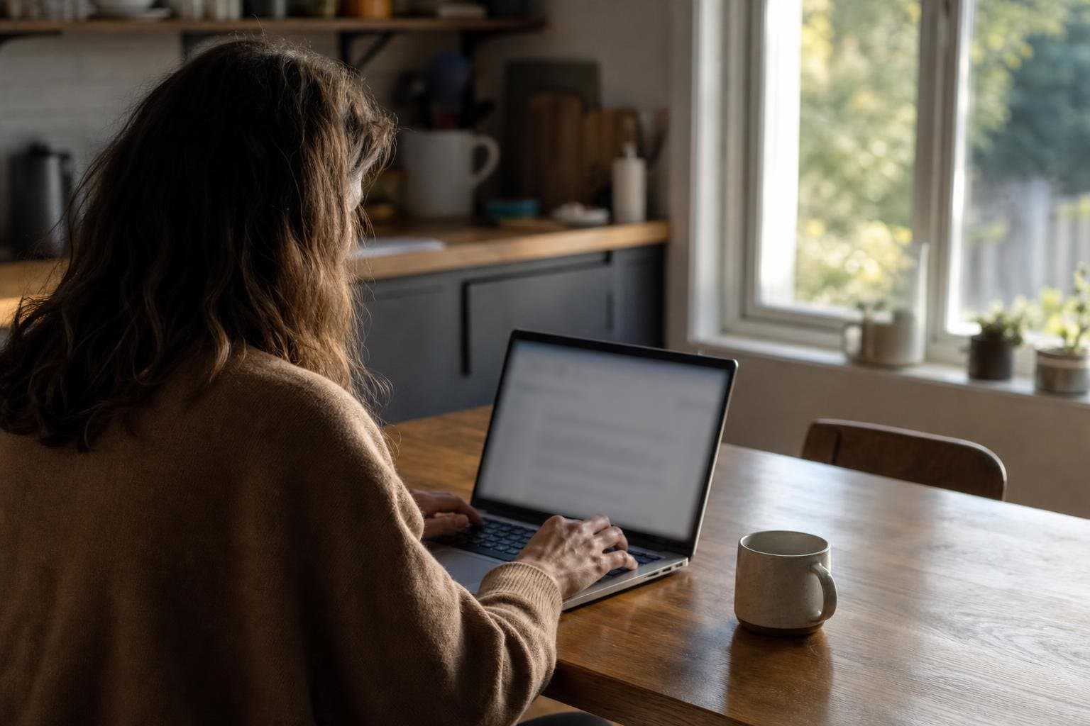 A client reading an email at their kitchen table on a Monday morning