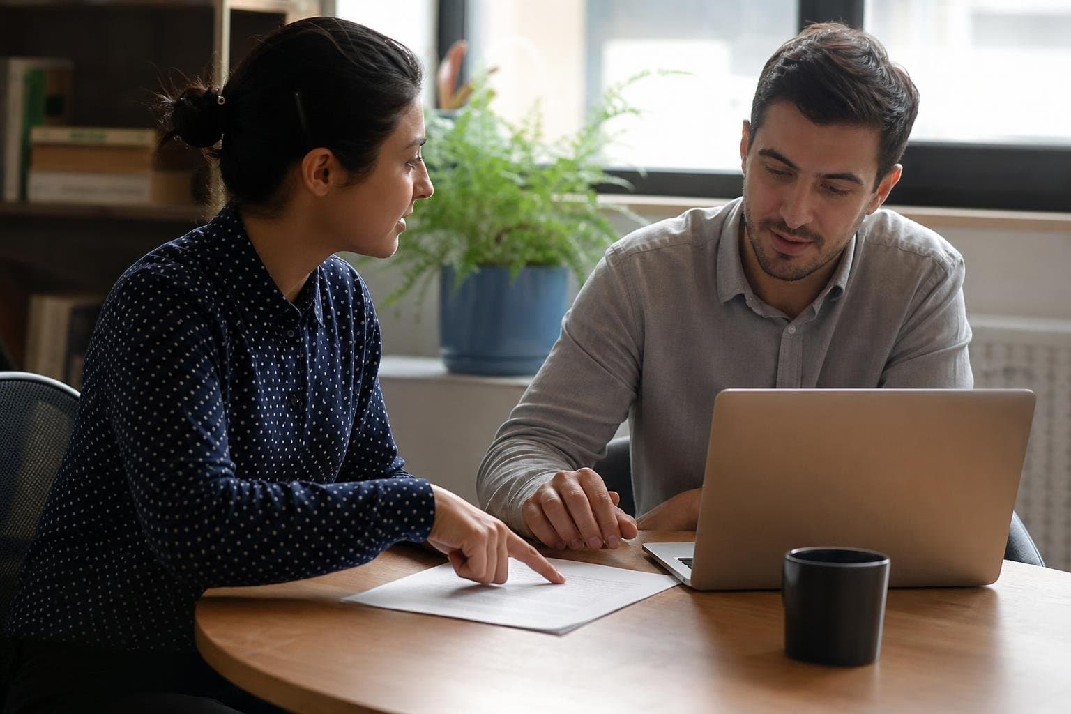 A project manager and a developer reviewing a printed task description together.