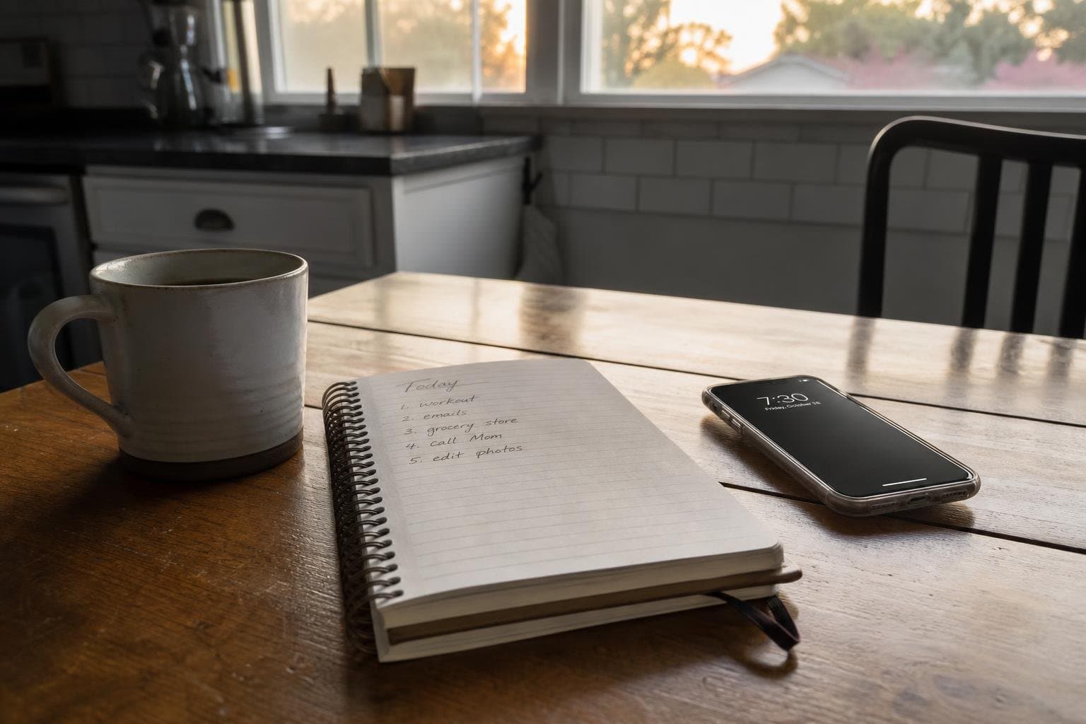 A notebook and phone on a kitchen table at dawn, left ready for whoever starts the day.