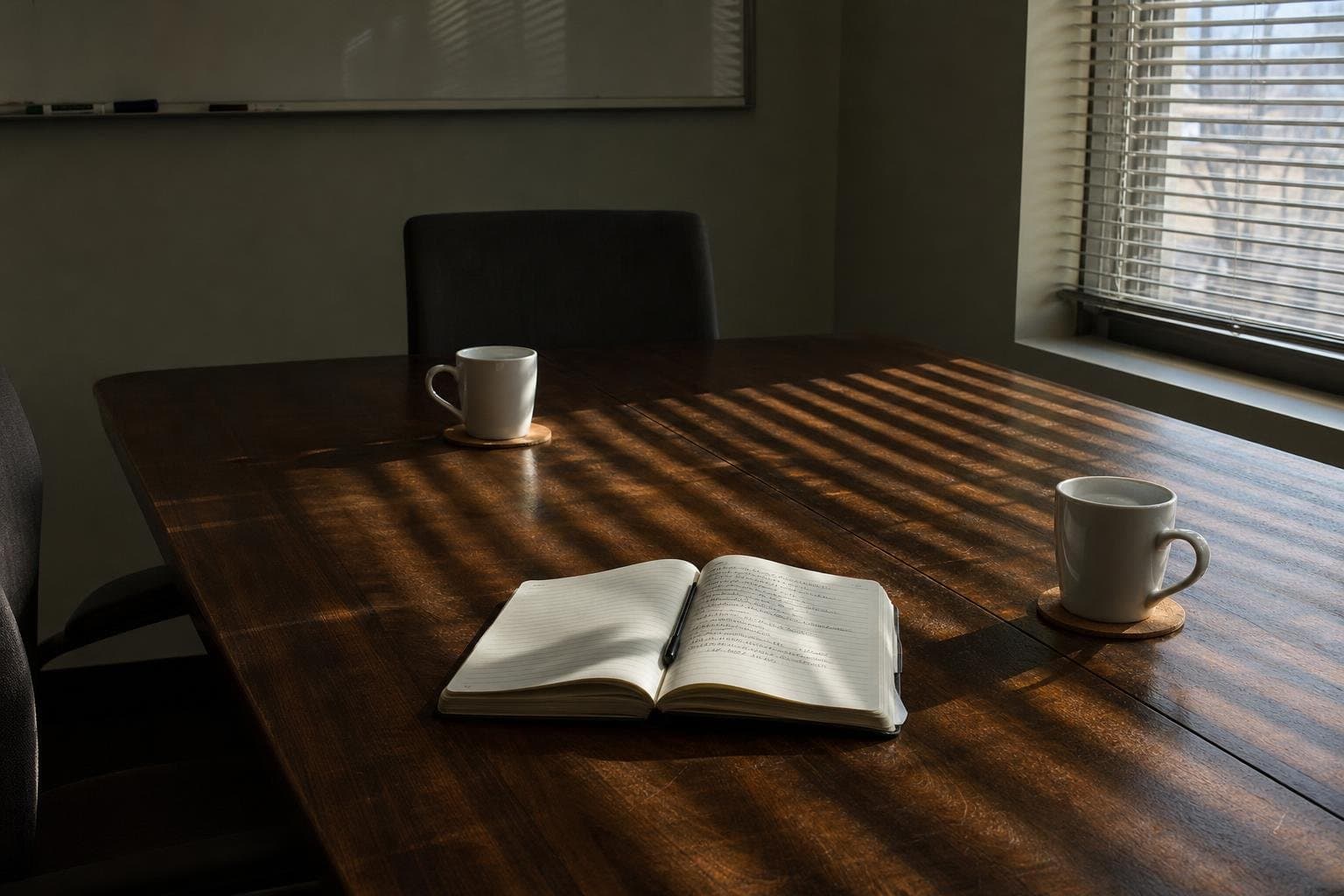 An empty meeting table with two coffee cups, suggesting a client call that just ended.