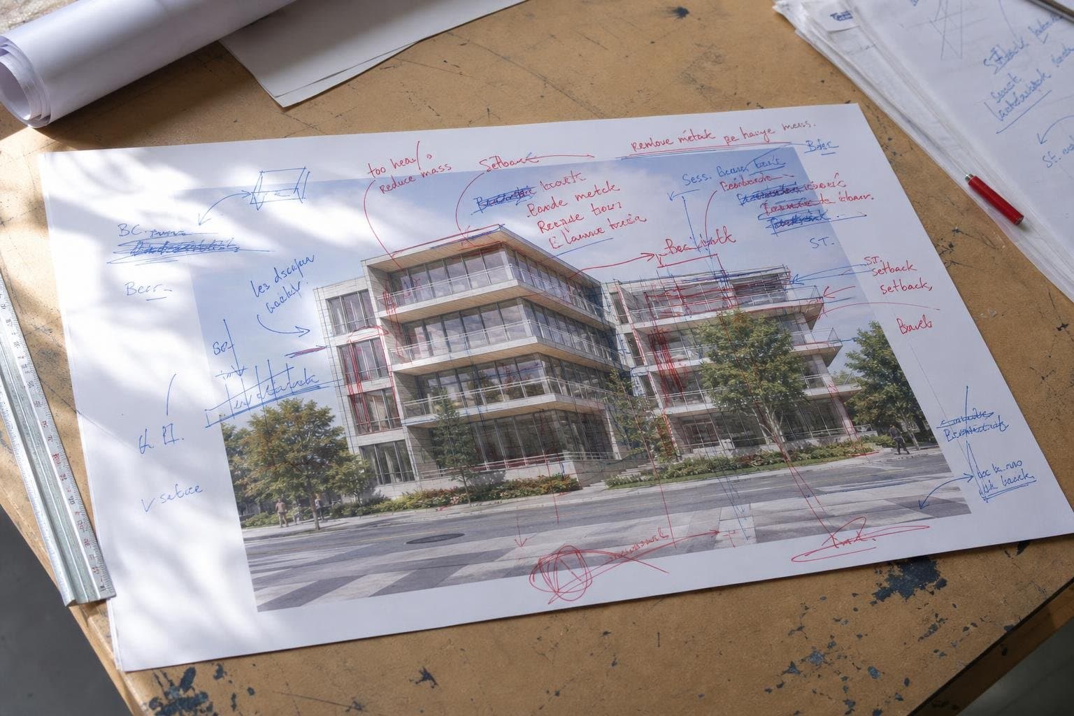 A printed rendering marked up with two contradictory rounds of handwritten pen notes in different colors.