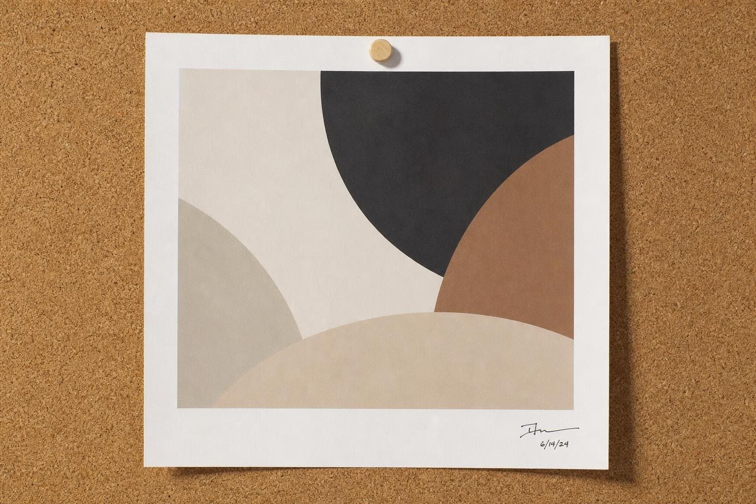 One printed proof pinned alone to a corkboard, signed and dated.