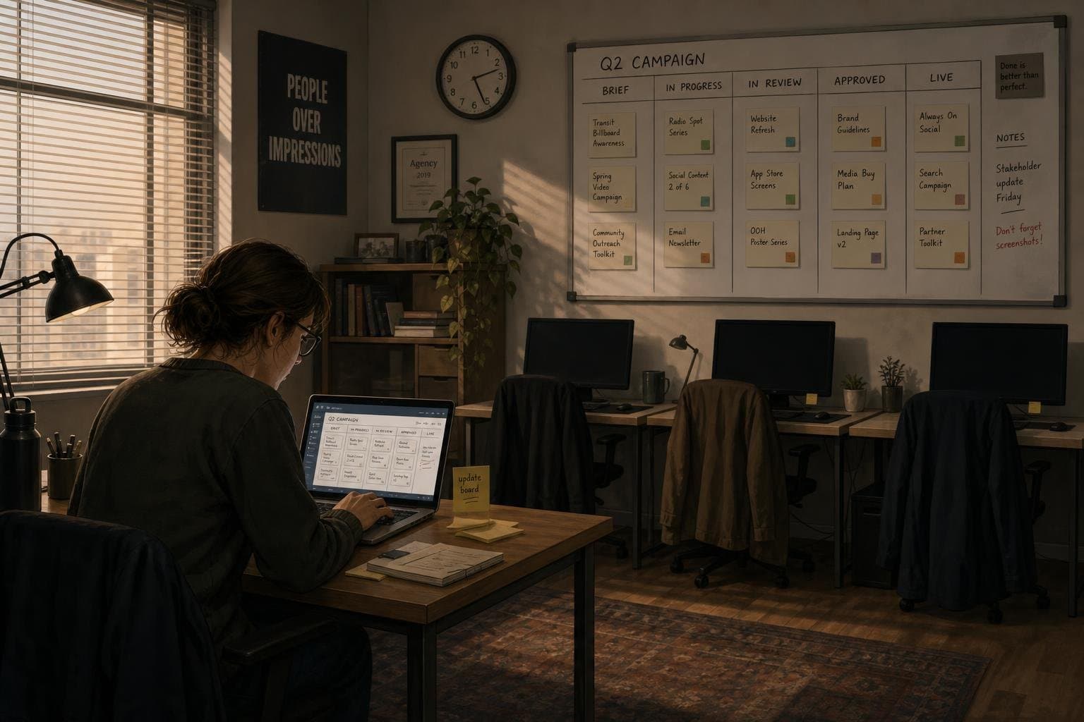 One person alone updating a task board while three other desks sit empty.