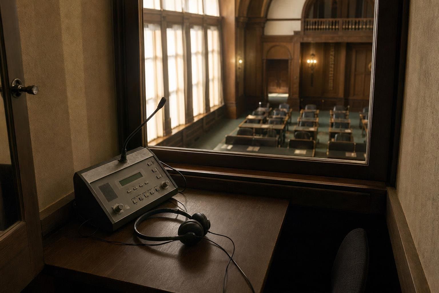 An empty interpreter's booth overlooking a conference hall through a window.