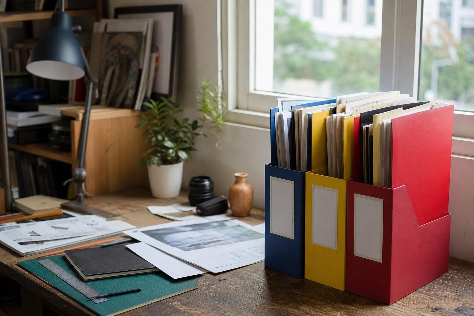 Three different colored folders stacked on a desk, representing separate client files kept physically apart.