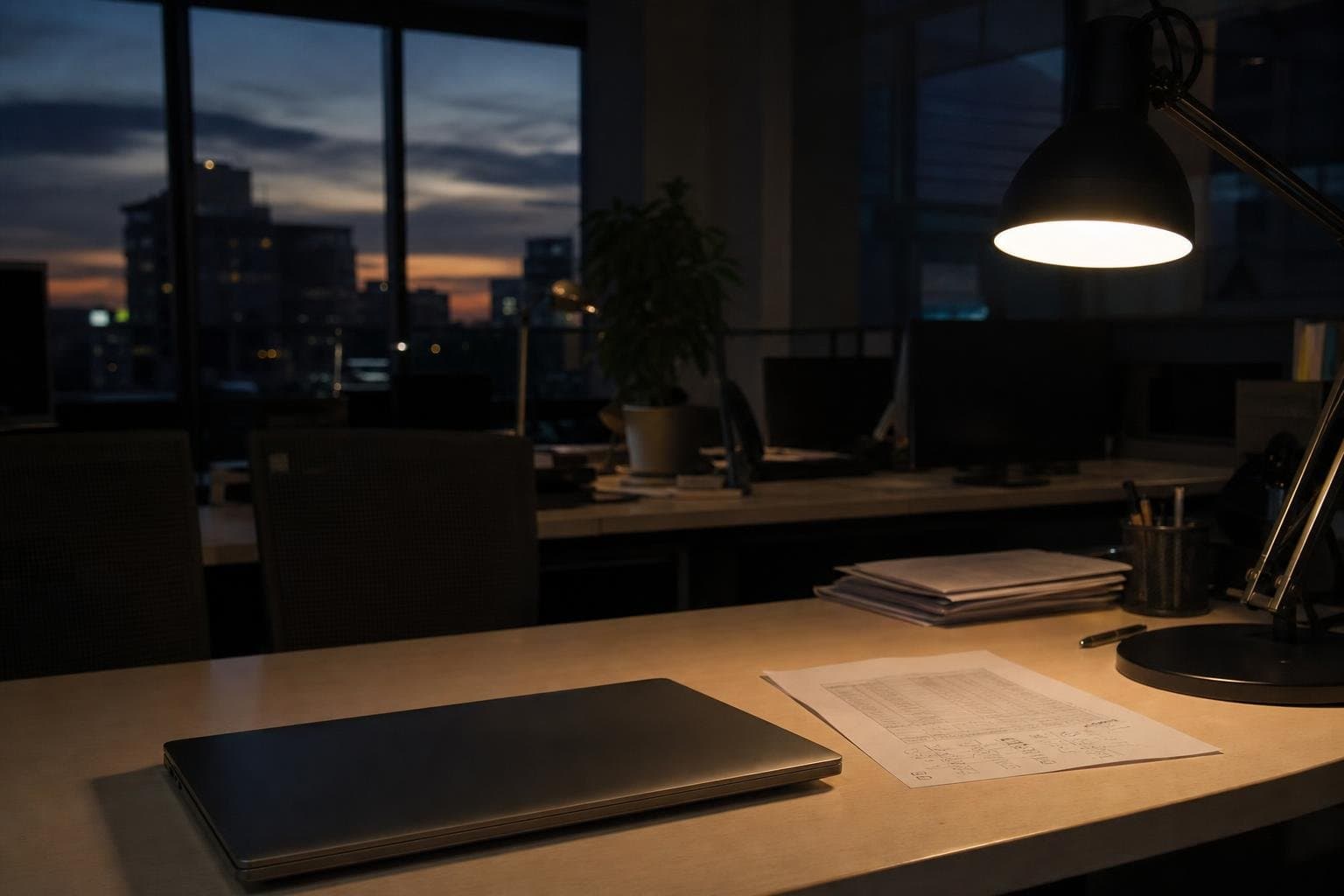 An empty desk after hours with a laptop and a printed page with handwritten margin notes.
