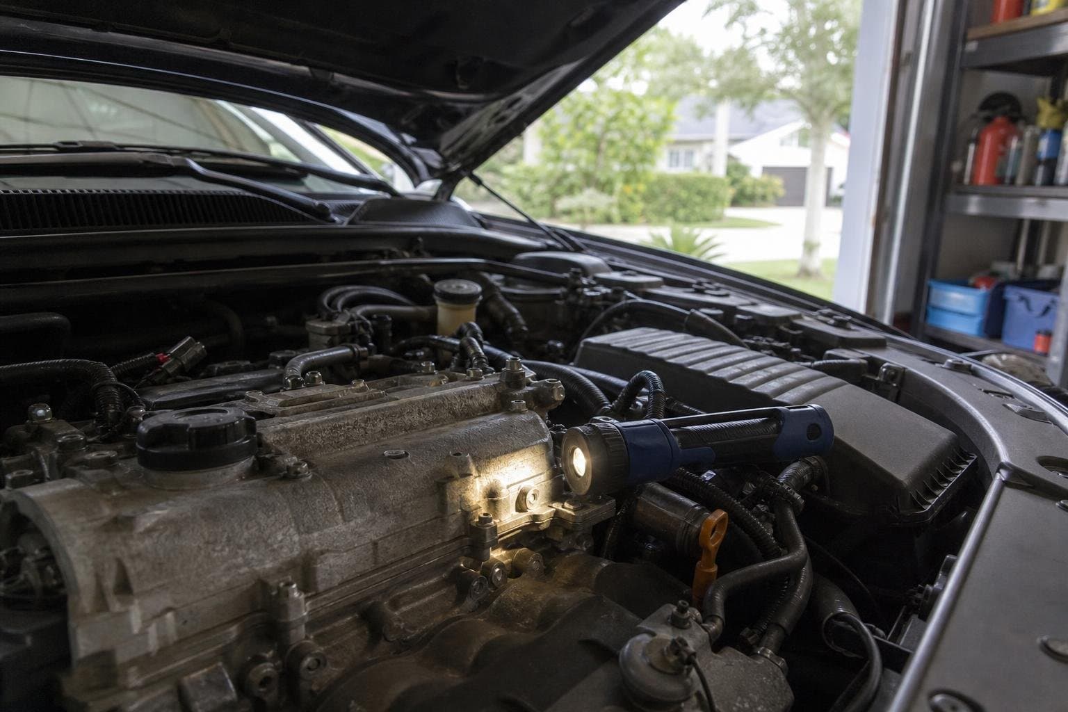 A car engine bay open with a flashlight highlighting the specific repaired part.