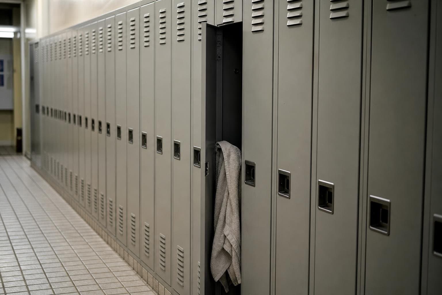 A row of identical closed lockers with one left open in the middle, towel spilling out.