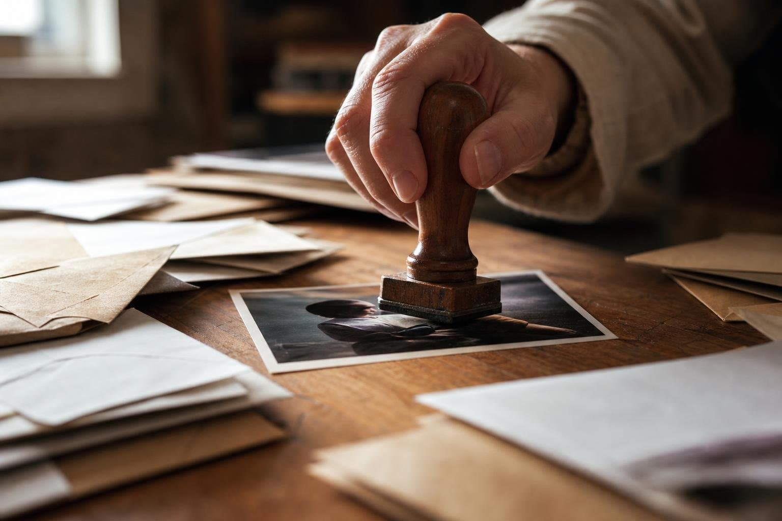 A date stamp pressing down onto one printed photograph among a scatter of unopened envelopes on a table.