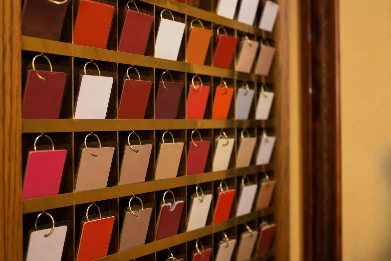 A wall-mounted rack of small slots, each holding a different colored key card, standing in for separate client boundaries managed from one place.