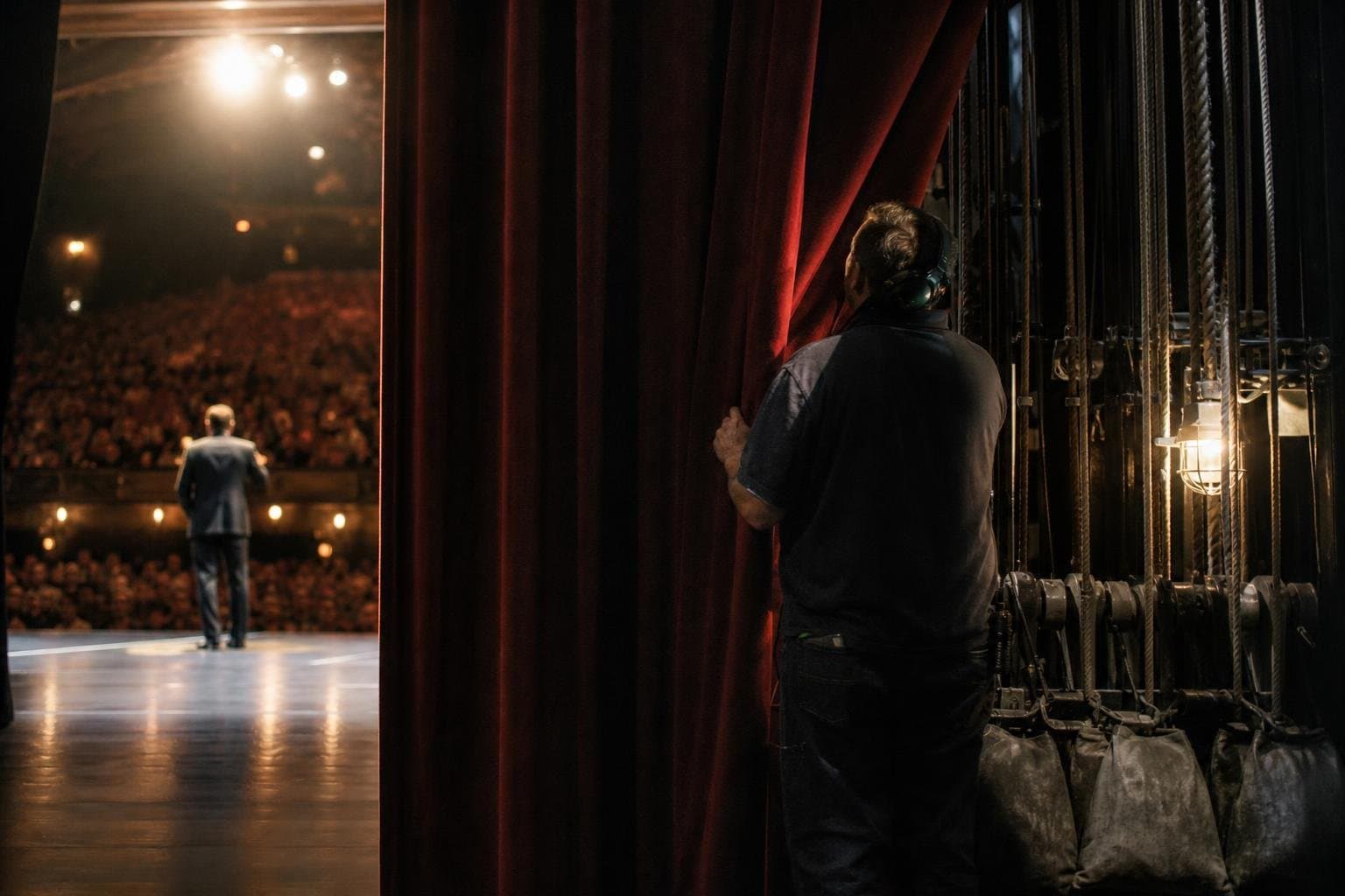 A velvet stage curtain dividing a lit performance from the dark backstage rigging behind it.