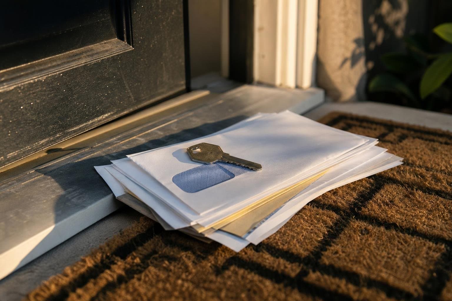 A key resting on a pile of unopened mail at a doorstep, door left ajar.