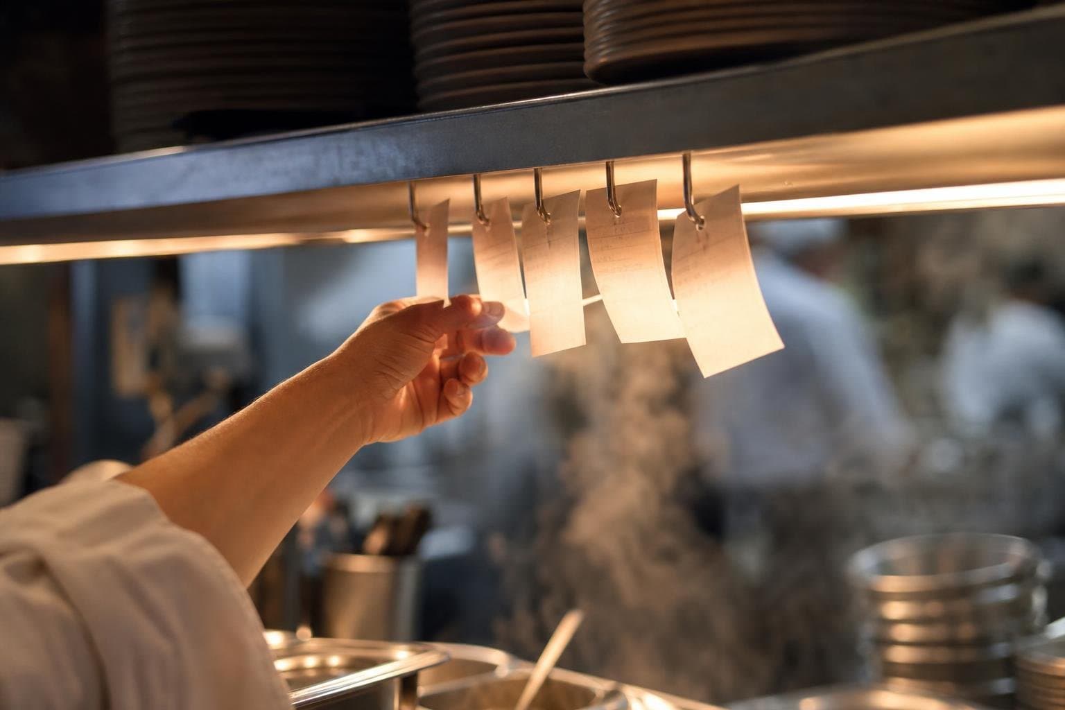 Four separate order tickets clipped to a kitchen rail, all waiting on one cook.