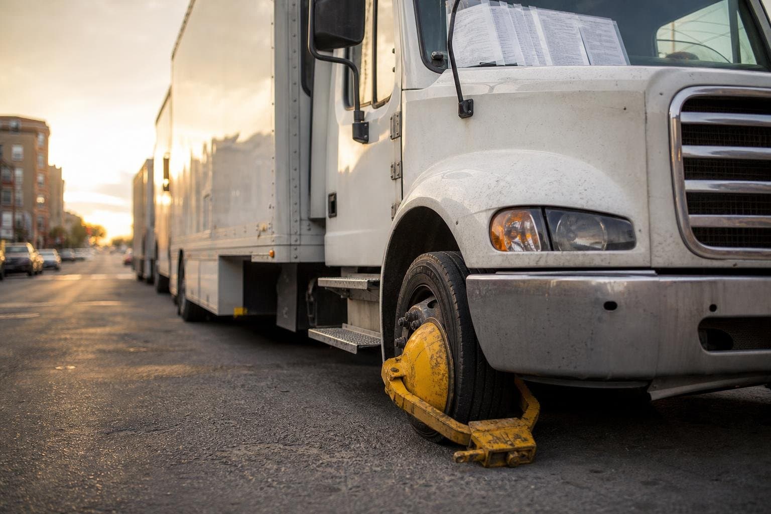 A yellow wheel clamp locked onto the tire of a film production truck parked on a city street.