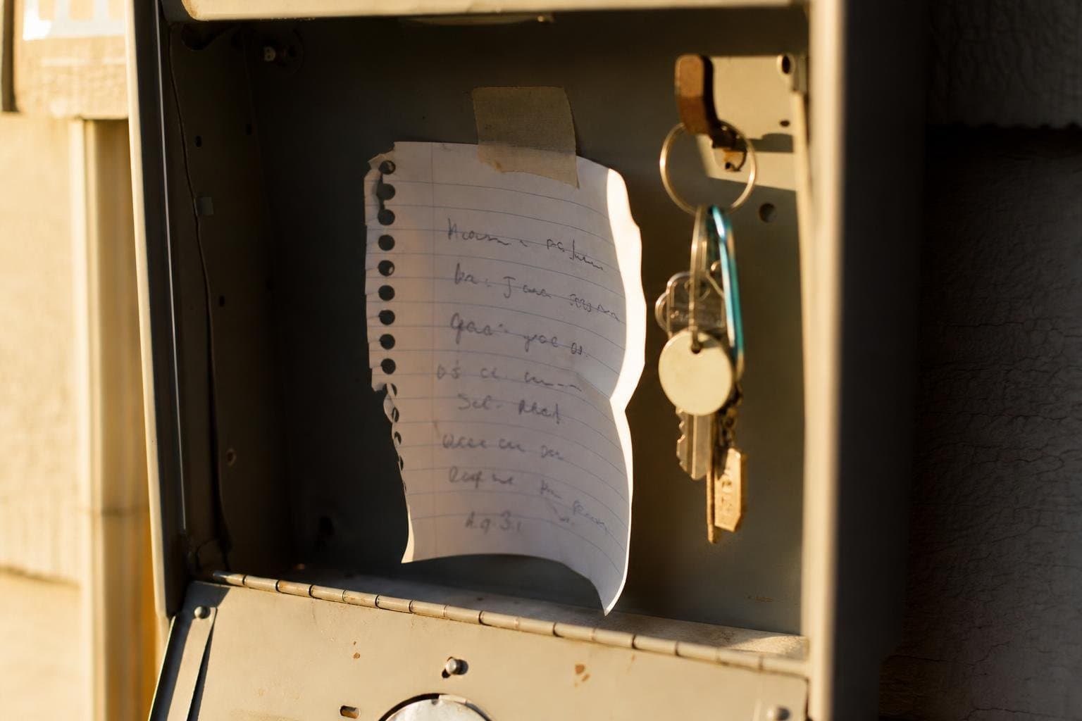 A handwritten note taped inside a shared mailbox, left for whoever checks it next.
