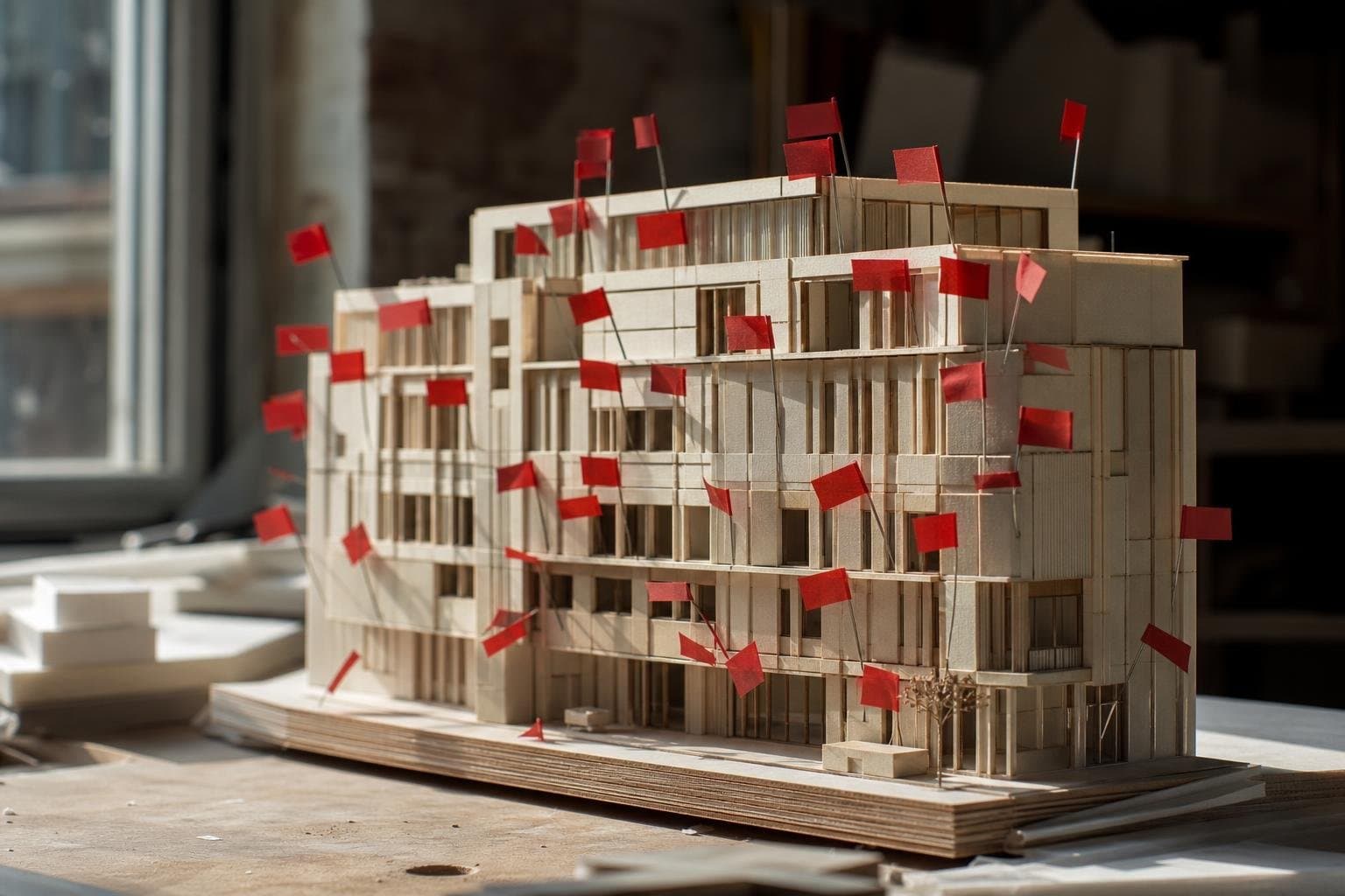 A small architectural scale model stuck full of red marker flags from accumulated feedback.
