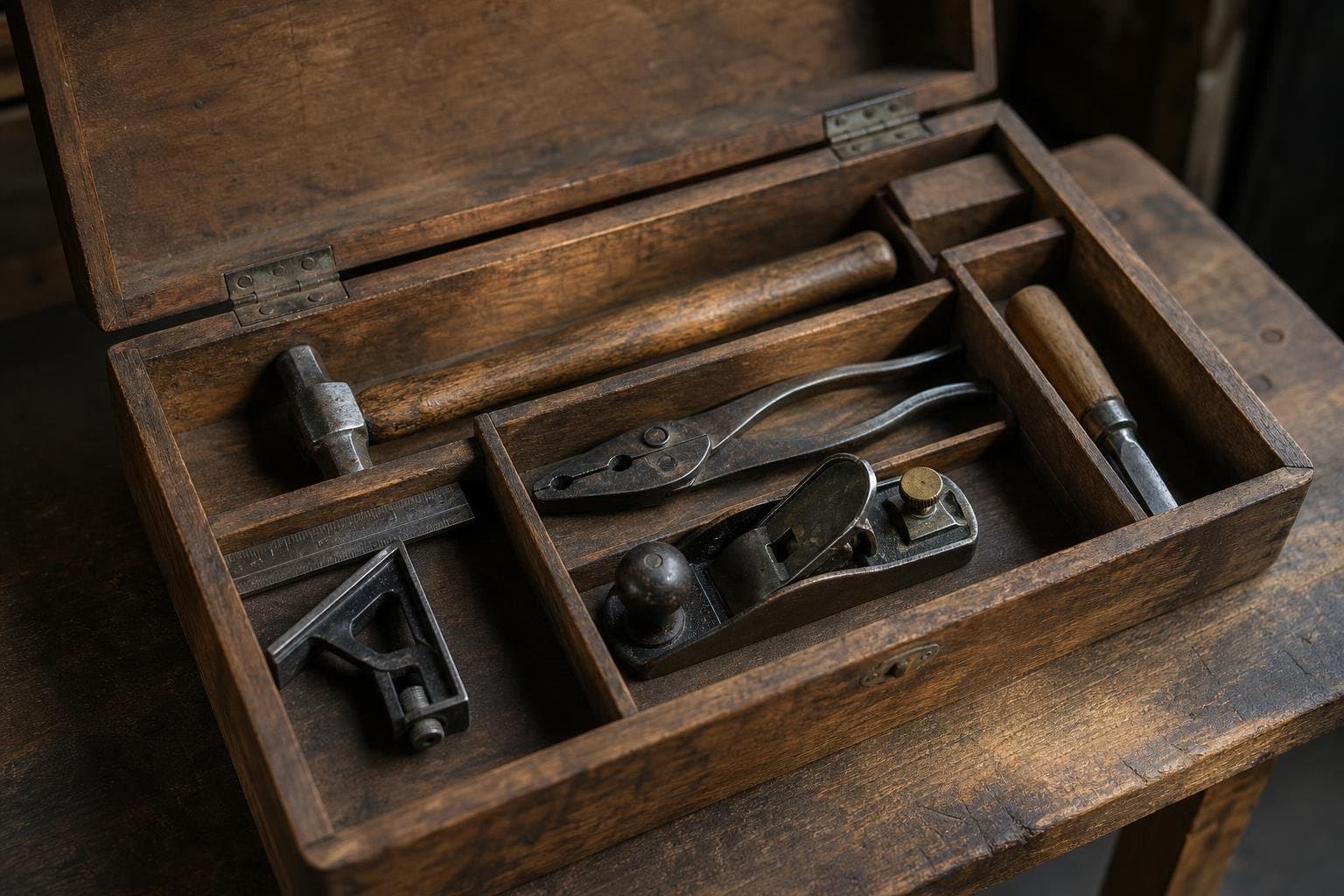 An open wooden toolbox holding a small number of well-used tools, each in its own compartment.