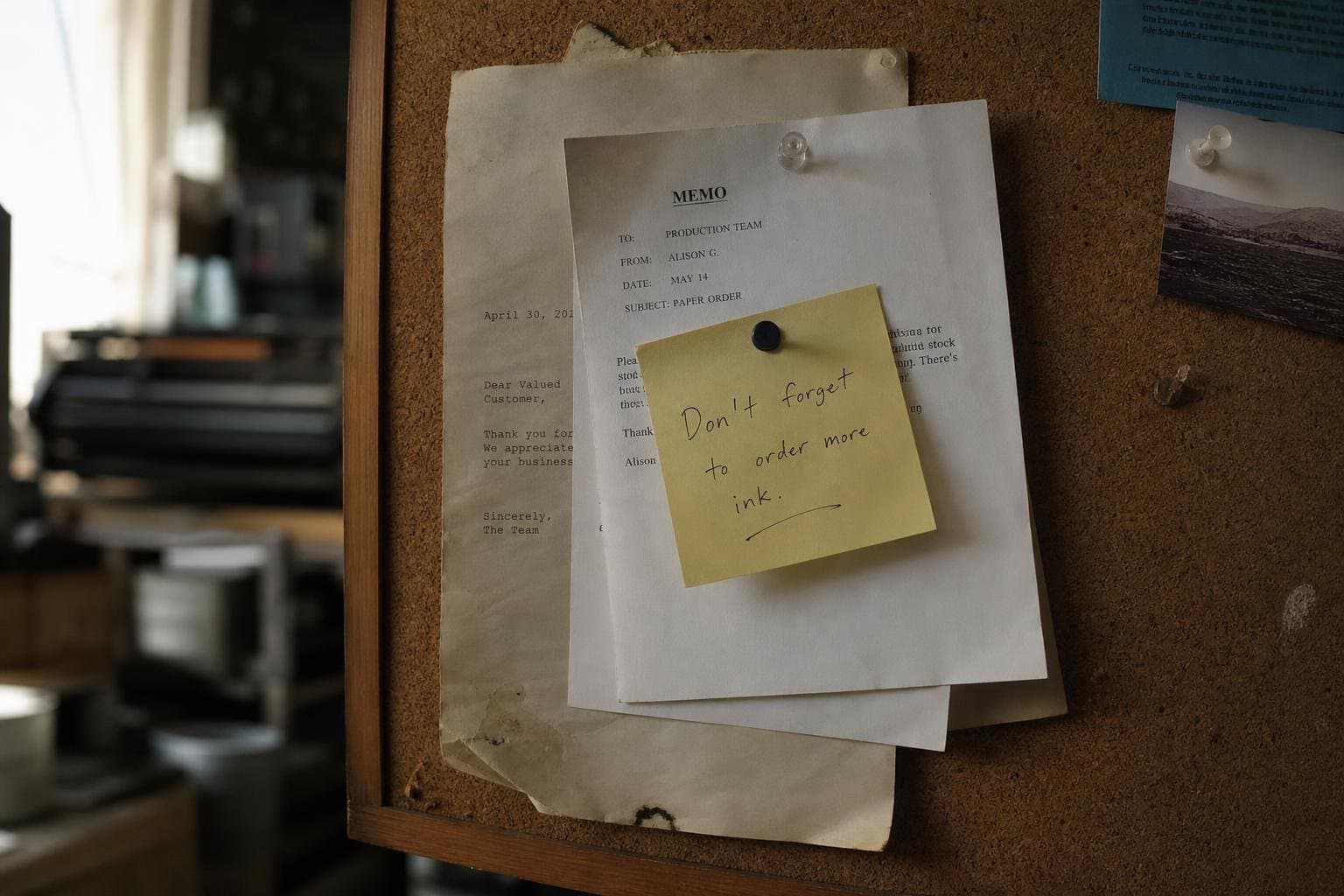 Three layers of paper notes pinned on top of each other on a cork board, oldest at the bottom, newest on top.